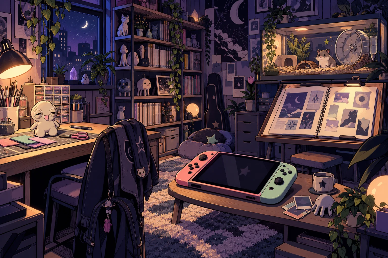 Ellie’s illustrated workshop, with a making desk, shelves, and games