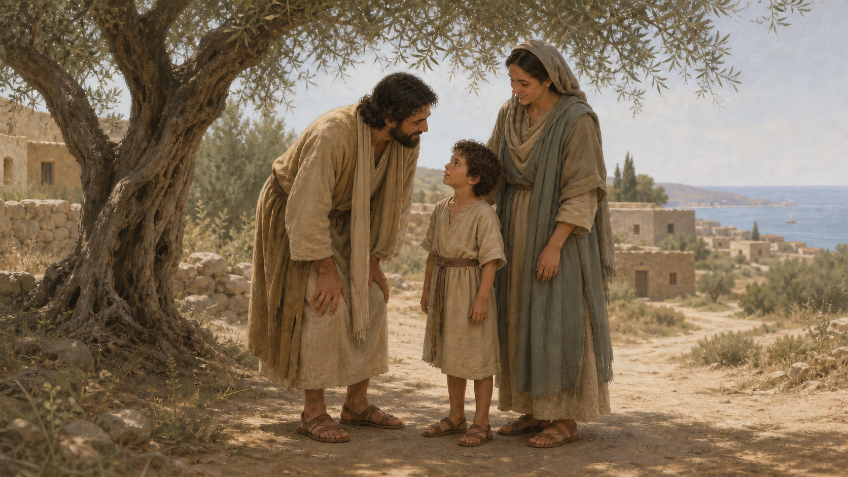 Illustrated Gospel-inspired scene of Jesus speaking gently with a child